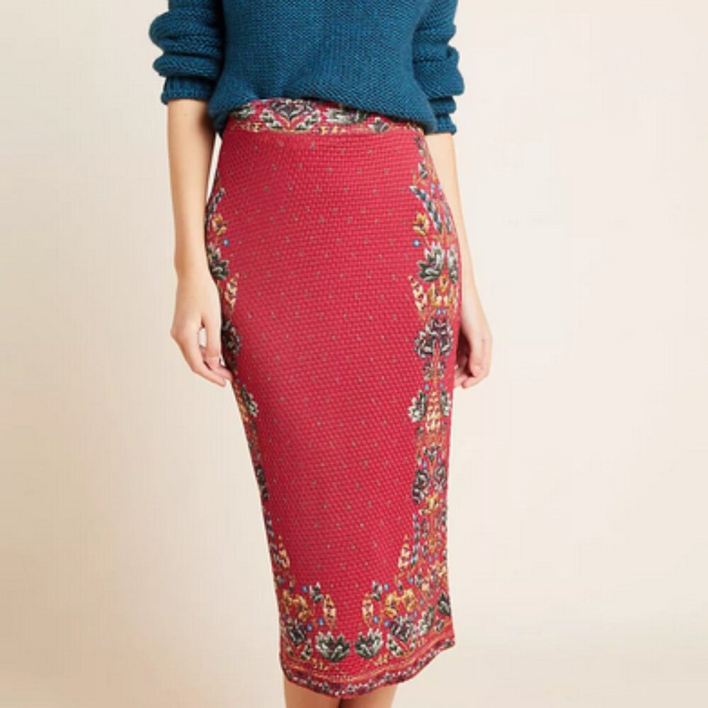 🌺 Farm Rio Red Floral Stretch Skirt M  Boho Chic Pull-On Midi Diamond Pattern
